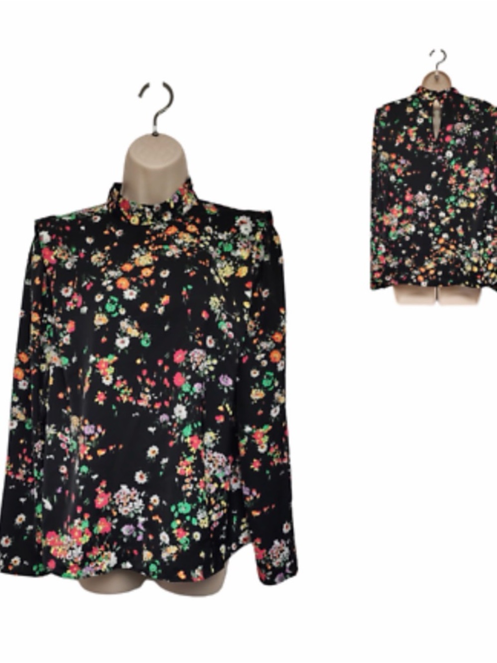H&M Chic Black Multicolored Floral Long Sleeve Blouse with Button Up Neck Detail